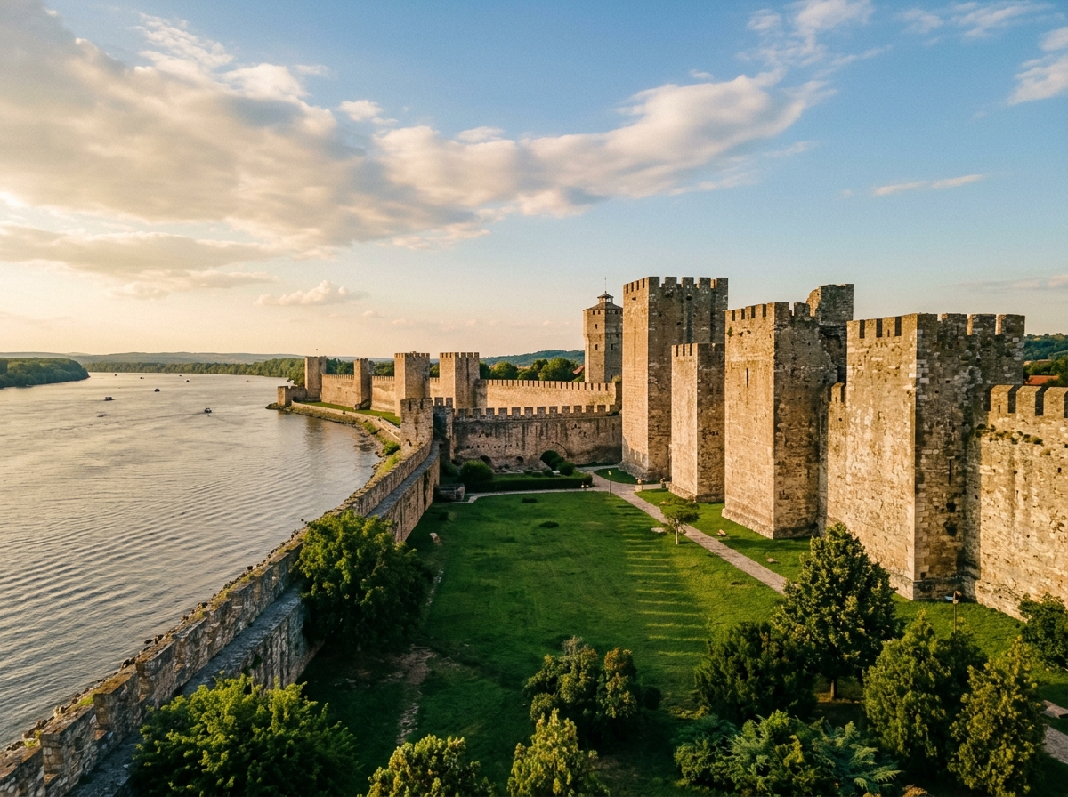 Massive walls of Smederevo Fortress along the Danube River, with green grass in the courtyard and blue sky above