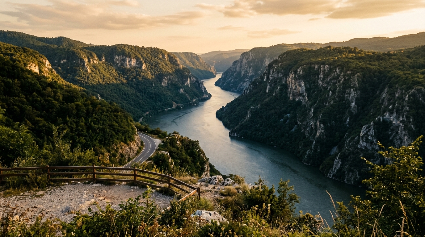 Djerdap Gorge with the Danube flowing between steep forested cliffs, seen from a roadside viewpoint in Serbia