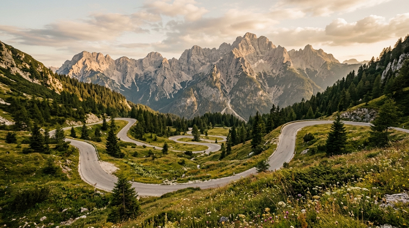 Vrsic Pass hairpin road through Julian Alps with alpine meadows and jagged limestone peaks