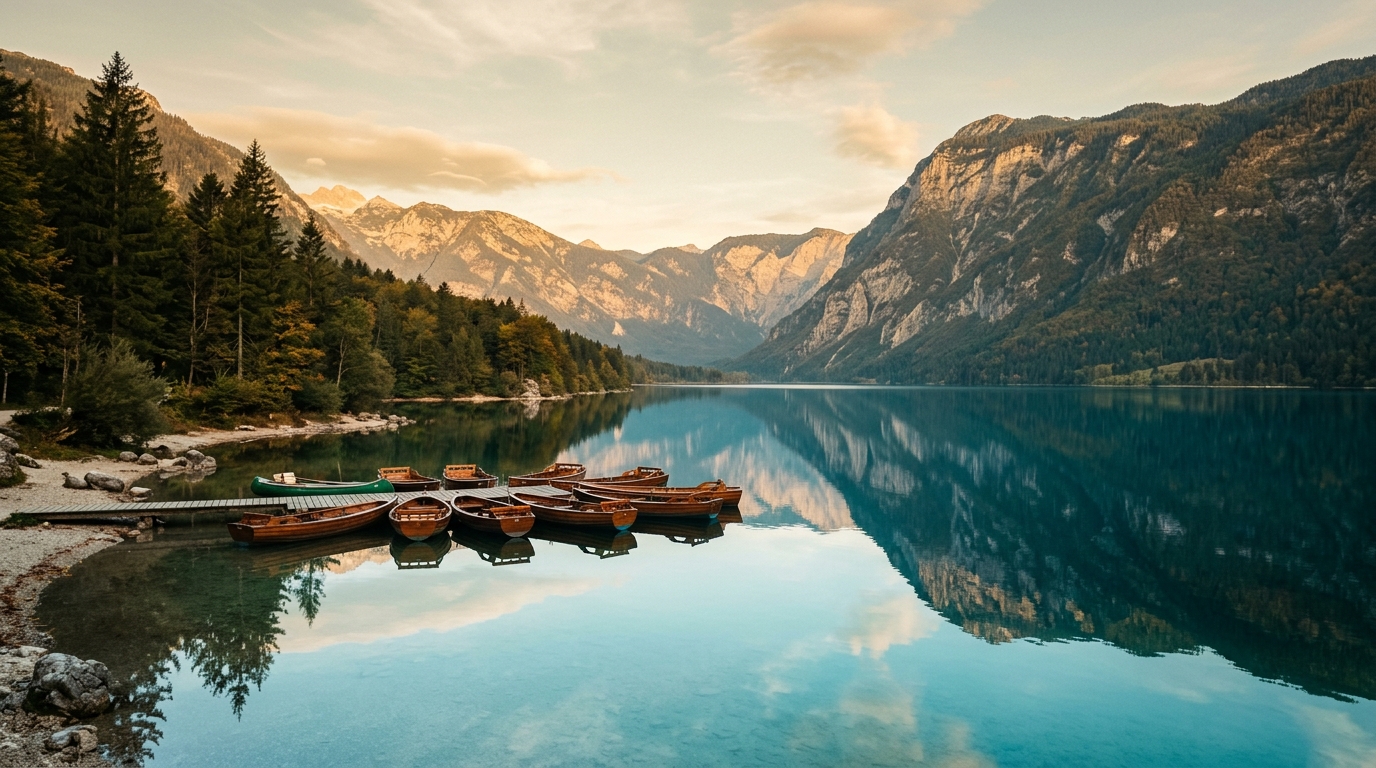 Lake Bohinj with perfectly still turquoise water reflecting the surrounding Julian Alps mountains, with a few boats near the shore in Slovenia