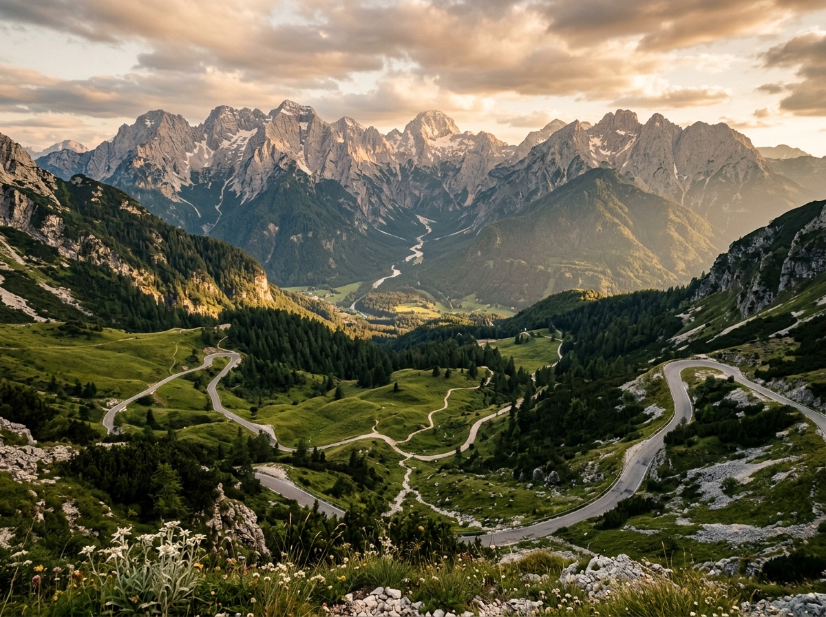 View from the Vrsic Pass summit looking south toward the Soca Valley with green alpine meadows and rocky Julian Alps peaks